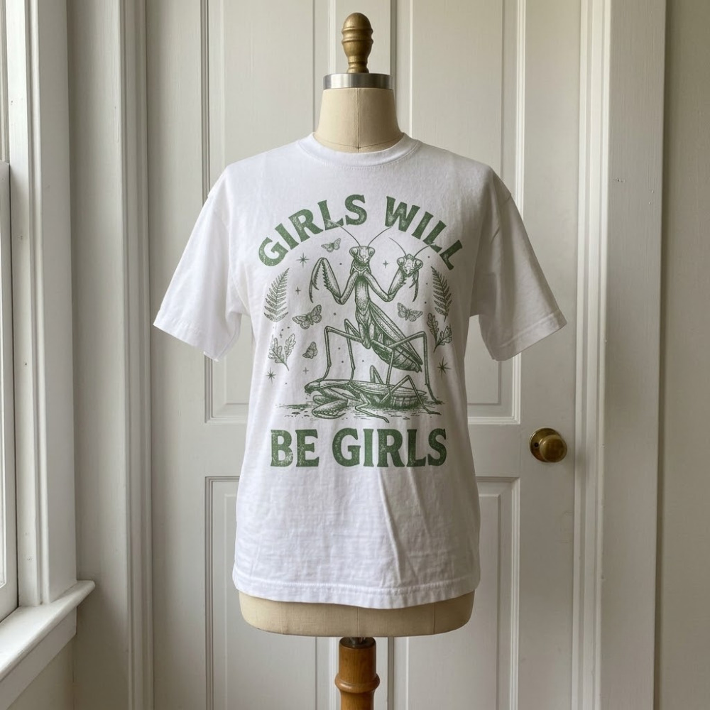 Praying Mantis Girls Will Be Girls White Cottagecore Humor Graphic T-Shirt
